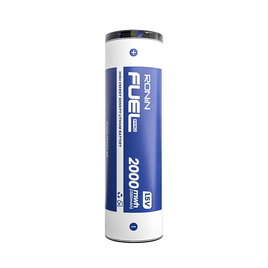 Upright blue and white Ronin Fuel Pro AA lithium battery.