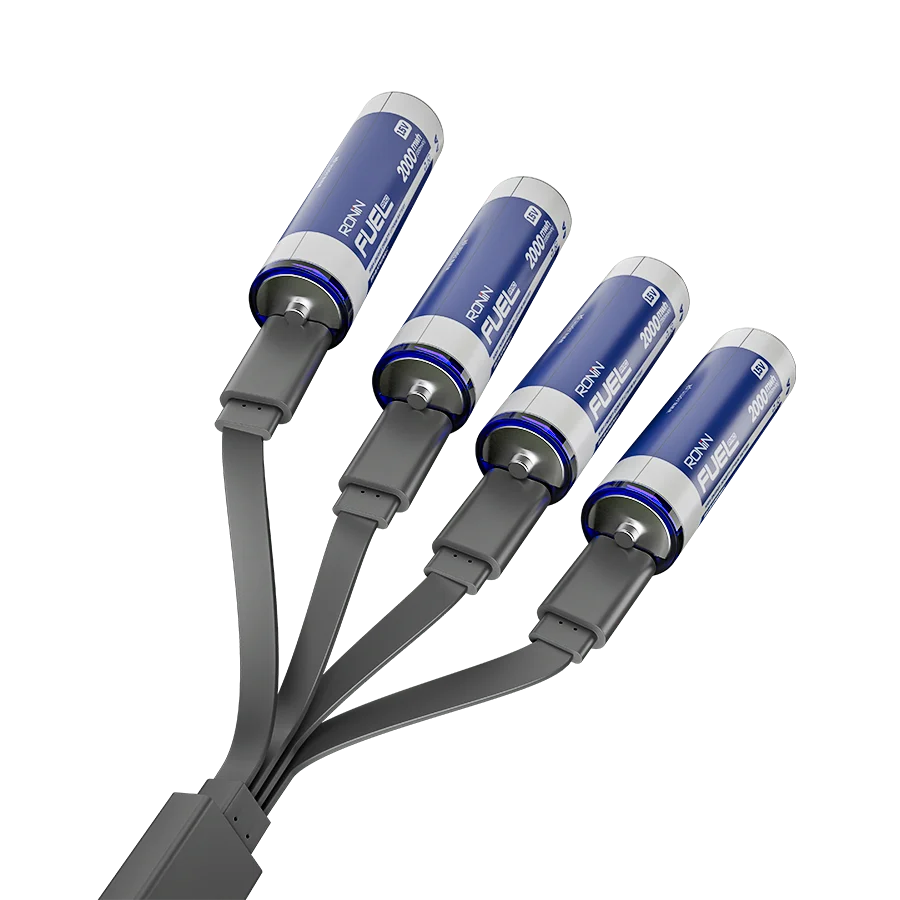 Four Fuel Pro batteries connected to a multi-connector USB charging cable.